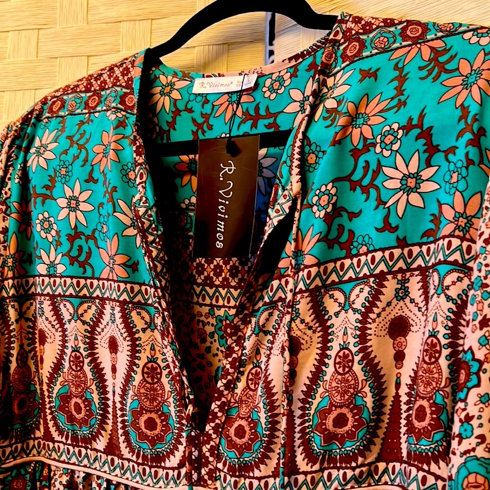 NEW w Tags!: Boho style midi dress, size L 12/14, teal, tan, and brown.